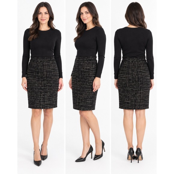 Ann Taylor Dresses & Skirts - Ann Taylor Black White Wool Blend Tweed Boucle Pencil Skirt Fringe Waist 2